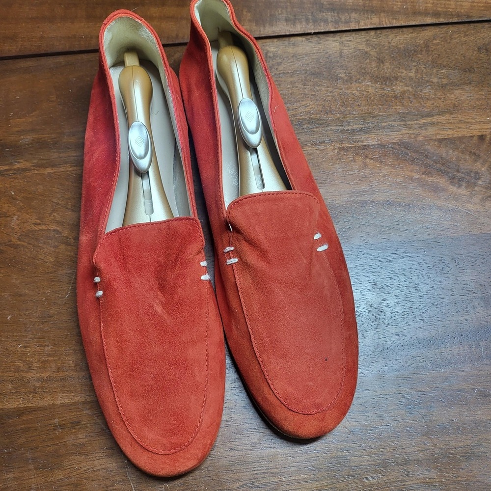 Kiton Loafer Shoes Women Size 8 Red Suede Slip On Dress Handmade Leather Sole